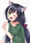  1girl ;d animal_ear_fluff animal_ears anz32 bangs black_hair blush bow cat_ears collarbone commentary_request eyebrows_visible_through_hair fang green_eyes green_shirt grey_background hair_bow hand_up index_finger_raised kyaru_(princess_connect) long_hair looking_at_viewer low_twintails multicolored_hair nail_polish one_eye_closed open_mouth pink_nails princess_connect! princess_connect!_re:dive puffy_short_sleeves puffy_sleeves purple_bow shirt short_sleeves simple_background smile solo streaked_hair striped twintails twitter_username very_long_hair white_hair 