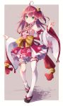  1girl absurdres ahoge armpits bell cherry_blossom_print closed_mouth detached_sleeves floral_print full_body green_eyes hair_bell hair_ornament hairclip highres hololive leg_garter long_hair looking_at_viewer ninniku_mashimashi one_side_up paw_print_pattern pink_hair sakura_miko sandals single_thighhigh smile solo thigh-highs virtual_youtuber white_legwear x_hair_ornament 