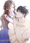  1boy 1girl artist_name black_hair blue_dress blue_eyes blush brown_hair closed_eyes crossed_arms dress earrings facing_another hand_up hetero hug hug_from_behind jewelry long_hair looking_at_another original shirtless simple_background sukja white_background 