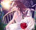  1girl absurdres alcohol bangs bare_arms bare_shoulders blue_eyes blue_flower blush brown_hair commentary cup dress eyebrows_visible_through_hair flower from_behind gongha highres holding holding_cup long_hair ocean original sleeveless sleeveless_dress smile solo_focus standing sunrise sunset upper_teeth white_dress wine 