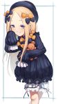  1girl abigail_williams_(fate/grand_order) bangs black_bow black_dress black_headwear blonde_hair blue_eyes blush bow breasts dress fal fate/grand_order fate_(series) forehead grin hair_bow hat highres holding holding_stuffed_animal long_hair long_sleeves looking_at_viewer multiple_bows multiple_hair_bows orange_bow parted_bangs polka_dot polka_dot_bow ribbed_dress simple_background sleeves_past_fingers sleeves_past_wrists small_breasts smile solo stuffed_animal stuffed_toy teddy_bear white_background white_bloomers 