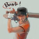  1boy baseball_bat black_headwear blue_eyes commentary_request dog_tags grey_background grin hand_wraps hat headset highres holding holding_baseball_bat loghtan looking_at_viewer male_focus red_shirt shirt simple_background smile solo speech_bubble team_fortress_2 the_scout upper_body 