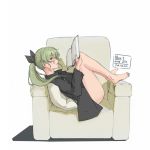  1girl alternate_hairstyle anchovy_(girls_und_panzer) armchair bangs barefoot bespectacled black_ribbon black_shirt book chair commentary dated dress_shirt eyebrows_visible_through_hair from_side girls_und_panzer glasses green_hair hair_ribbon highres holding holding_book long_hair long_sleeves looking_at_viewer lying no_pants on_back on_chair panties pillow ponytail reading ribbon shadow shirt simple_background solo underwear useless white_background white_panties 