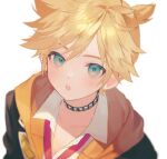  1boy :o aqua_eyes bangs blonde_hair blue_eyes blush collarbone collared_shirt hood hood_down hoodie jacket jewelry kagamine_len looking_at_viewer male_focus neck_ribbon necklace portrait project_sekai ribbon shade shinotarou_(nagunaguex) shirt simple_background solo vocaloid white_background white_shirt 