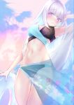 1girl absurdres adjusting_hair armpits bangs bikini black_bikini blue_bikini blunt_bangs blurry blurry_background blush commentary_request day eyebrows_visible_through_hair floating_hair from_below highres kisaragi_chiyuki lize_helesta long_hair looking_at_viewer multicolored multicolored_bikini multicolored_clothes navel nijisanji outdoors pink_eyes sarong see-through silver_hair solo standing swimsuit thigh_gap virtual_youtuber 