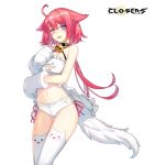  1girl ahoge babydoll bai_winchester bare_shoulders bell breasts cat_lingerie cat_tail closers collar cowboy_shot criss-cross_halter frills gloves hair_flaps halterneck heterochromia highres jingle_bell long_hair looking_at_viewer low_ponytail medium_breasts meme_attire navel official_art open_mouth panties paw_gloves paws pink_eyes redhead solo stomach tail tearing_up thigh-highs thighs underwear violet_eyes white_legwear white_panties 