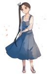  1girl 8ne_(nitika127) alternate_costume ayanami_(kantai_collection) brown_eyes brown_hair full_body hair_ribbon kantai_collection long_hair overall_skirt petals ribbon shirt shoes side_ponytail simple_background smile sneakers solo standing white_background white_footwear white_shirt 