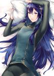  1girl ameno_(a_meno0) arm_up bangs bed_sheet black_bodysuit blue_hair blue_shirt bodysuit commentary_request cowboy_shot eyelashes fire_emblem fire_emblem_awakening gold_trim hair_between_eyes hair_spread_out holding holding_pillow long_hair long_sleeves looking_at_viewer lucina_(fire_emblem) lying on_back on_bed parted_lips pillow shiny shiny_hair shirt solo tiara turtleneck 