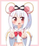  1girl :d absurdres animal_ears bangs black_bow blush bow collared_shirt commentary_request double_v eyebrows_visible_through_hair granblue_fantasy hairband hana_kazari heart highres long_sleeves looking_at_viewer mouse_ears navel open_mouth pink_background red_bow red_eyes red_hairband shirt sidelocks silver_hair smile solo striped striped_bow two-tone_background upper_body v vikala_(granblue_fantasy) white_background white_hair white_shirt wide_sleeves 
