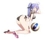  1girl ;d absurdres antenna_hair arm_up ass ball bandaid bare_legs beachball bikini black_bikini breasts choker closers crop_top front-tie_top full_body green_eyes hair_ribbon highres large_breasts long_hair looking_at_viewer looking_back midriff official_art one_eye_closed open_mouth ponytail purple_hair ribbon sandals see-through short_sleeves side-tie_bikini smile solo soma_(closers) swimsuit thighs wet 