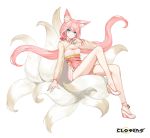  1girl animal_ear_fluff animal_ears bare_legs blue_eyes closers dress fox_ears fox_tail full_body high_heels highres knee_up kumiho long_hair long_sleeves looking_at_viewer low_twintails multiple_tails official_art pink_dress pink_hair see-through_sleeves seulbi_lee smile solo tail thighs twintails very_long_hair wedge_heels 