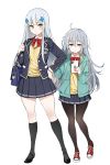  2girls absurdres ahoge bow bowtie cellphone g11_(girls_frontline) girls_frontline green_eyes grey_eyes highres hk416_(girls_frontline) holding_another&#039;s_arm hood hoodie iphone leewh1515 long_hair mary_janes messy_hair multiple_girls pantyhose phone school_uniform shoes silver_hair sleepy smartphone sneakers socks sweater_vest 