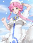  1girl :d absurdres aria blue_sky blush clouds dress dress_lift floating_hair green_eyes hair_intakes hair_tubes hand_on_headwear hat highres kamehito looking_at_viewer mizunashi_akari open_mouth petals pink_hair shiny shiny_hair short_hair_with_long_locks short_sleeves sidelocks sky smile solo standing white_dress white_headwear wind wind_lift 