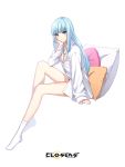  1girl blue_eyes blue_hair breasts closers collared_shirt full_body hand_on_own_cheek highres invisible_chair jewelry knee_up long_hair long_legs long_sleeves looking_at_viewer medium_breasts necklace official_art partially_unbuttoned pillow shirt short_shorts shorts sitting smile socks solo thighs v-shaped_eyebrows violet_(closers) white_legwear white_shirt 