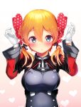 1girl aqua_eyes blonde_hair blush bow breasts commentary_request cosplay gekkan_shoujo_nozaki-kun gloves hair_bow hair_ornament hands_up highres kantai_collection large_breasts long_hair long_sleeves looking_at_viewer low_twintails military military_uniform open_mouth ozawa_ari parted_lips polka_dot polka_dot_bow prinz_eugen_(kantai_collection) sakura_chiyo sakura_chiyo_(cosplay) seiyuu_connection solo tsukui_kachou twintails uniform white_gloves 