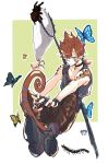  1boy 9990615 absurdres bandaid blue_butterfly blue_eyes boots brown_hair bug butterfly centipede chameleon_tail choker doubutsu_no_mori fingerless_gloves gloves highres horns insect long_hair male_focus nail_polish personification rex_(doubutsu_no_mori) scales sitting solo tail white_background 
