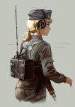  1girl absurdres backpack bag blonde_hair east_german gun hat headset highres looking_away military military_uniform original radio radio_antenna strap tuzik10 uniform weapon 