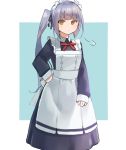  1girl alternate_costume apron black_dress blue_background brown_eyes dress enmaided grey_hair highres kantai_collection kasumi_(kantai_collection) long_hair long_sleeves looking_at_viewer maid maid_headdress oshiba_(oshiba1103) side_ponytail sleeves_past_wrists solo standing two-tone_background very_long_hair white_apron white_background 