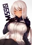  1girl absurdres allze black_gloves blush breasts brown_eyes character_name closed_mouth dark_skin eyebrows_visible_through_hair girls_frontline gloves hair_ornament hairclip highres large_breasts long_hair long_sleeves looking_at_viewer m590_(girls_frontline) navel sitting solo very_long_hair white_hair 