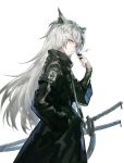  1girl animal_ears arknights bangs black_coat coat commentary_request cowboy_shot eyebrows_visible_through_hair from_side grey_eyes hair_ornament hairclip hand_in_pocket hand_up high_collar holding huanxiang_heitu lappland_(arknights) long_hair long_sleeves looking_at_viewer silver_hair simple_background solo sword very_long_hair weapon white_background wolf_ears 