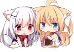  +_+ 2girls ahoge animal_ear_fluff animal_ears bangs bare_arms bare_shoulders black_legwear blonde_hair blue_eyes blue_swimsuit bow cat_ears cat_girl cat_tail chibi dog_ears dog_girl dog_tail drooling eating eyebrows_visible_through_hair food fringe_trim hair_between_eyes hair_bow hair_ornament hairclip holding holding_food koinu-chan kujou_danbo long_hair mouth_drool multiple_girls no_shoes one-piece_swimsuit open_mouth original pink_scarf plaid plaid_scarf red_eyes red_scarf ribbed_sweater scarf silver_hair sitting sleeveless_sweater sweater swimsuit tail taiyaki thigh-highs v-shaped_eyebrows very_long_hair wagashi wariza white_bow white_legwear white_sweater 
