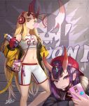  2girls alternate_costume backwards_hat bangs baseball_cap black_jacket blonde_hair blush bob_cut breasts brick_wall bubble_blowing cellphone charm_(object) chewing_gum contemporary cracked_wall deepmaru eyeliner facial_mark fang fate/grand_order fate_(series) forehead forehead_mark graffiti hair_pulled_back hat headphones highres horns ibaraki_douji_(fate/grand_order) jacket long_hair long_sleeves looking_at_viewer makeup mask midriff mouth_mask multiple_girls navel off_shoulder oni oni_horns open_clothes open_jacket open_mouth phone pointy_ears purple_hair red_headwear short_eyebrows short_hair shorts shuten_douji_(fate/grand_order) skin-covered_horns slit_pupils small_breasts smile sportswear spray_can thighs violet_eyes white_shorts white_tank_top yellow_eyes yellow_jacket 