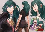  2girls black_shorts blue_eyes blue_hair braid byleth_(fire_emblem) byleth_eisner_(female) closed_eyes closed_mouth eating fire_emblem fire_emblem:_three_houses from_behind green_eyes green_hair long_hair misica multiple_girls multiple_views open_mouth pantyhose plate ribbon_braid short_sleeves shorts sothis_(fire_emblem) tiara twin_braids 