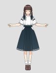  1girl absurdres bangs blunt_bangs bobby_socks braid brown_footwear brown_hair closed_eyes closed_mouth facing_viewer full_body grey_background hanatsuki highres hip_vent loafers original outstretched_arms pleated_skirt school_uniform serafuku shirt shoes short_sleeves sidelocks simple_background skirt socks solo standing twin_braids twintails white_legwear white_shirt 