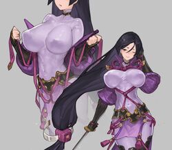  1girl abs armor black_hair blush closed_mouth covered_navel covered_nipples fate/grand_order fate_(series) grey_background highres holding holding_sword holding_weapon katana light_blush long_hair minamoto_no_raikou_(fate/grand_order) n9+ one_eye_closed purple_neckwear simple_background smile solo sweat sword toned undressing very_long_hair weapon 