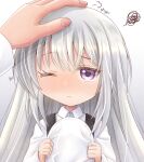  1girl ;( azur_lane bangs blush closed_mouth collared_shirt commander_(azur_lane) commentary_request eyebrows_visible_through_hair hair_between_eyes hat headpat headwear_removed holding holding_clothes holding_hat little_enterprise_(azur_lane) long_hair long_sleeves looking_at_viewer lower_body military_hat mirun_(funimani) nose_blush overall_skirt partial_commentary peaked_cap shirt sidelocks signature silver_hair simple_background solo_focus squiggle standing very_long_hair violet_eyes white_background white_headwear white_shirt 