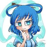  1girl avatar_icon blue_dress blue_hair chamaji commentary_request dress eyebrows_visible_through_hair finger_to_cheek frilled_blouse frills hair_ornament hair_rings hair_stick kaku_seiga looking_at_viewer lowres shawl short_hair short_sleeves signature solo touhou upper_body vest white_background 