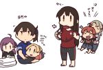  6+girls ahoge akagi_(kantai_collection) alternate_costume arashi_(kantai_collection) bangs betchan blonde_hair brown_hair closed_eyes closed_mouth commentary_request hagikaze_(kantai_collection) holding joy-con kaga_(kantai_collection) kantai_collection long_hair maikaze_(kantai_collection) multiple_girls nowaki_(kantai_collection) open_mouth pants ponytail purple_hair redhead ring-con ring_fit_adventure shirt side_ponytail silver_hair simple_background sitting standing translated white_background 