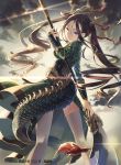  1girl brown_eyes brown_hair clouds company_name copyright_request dragon_horns dragon_tail glint h2so4 horns long_hair looking_at_viewer looking_back naginata official_art outdoors polearm solo standing tail thigh-highs twintails weapon 