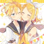  1boy 1girl aqua_eyes bangs bare_shoulders bass_clef black_collar blonde_hair bow cheek-to-cheek closed_eyes collar collarbone commentary fireworks frown hair_bow hair_ornament hairclip headphones kagamine_len kagamine_rin neckerchief necktie one_eye_closed sailor_collar school_uniform shirt short_hair short_ponytail short_sleeves shoulder_tattoo siblings side-by-side sleeveless sleeveless_shirt smile sparkle spiky_hair string_of_flags suzumi_(fallxalice) swept_bangs tattoo treble_clef twins upper_body vocaloid white_background white_bow white_shirt yellow_neckwear 