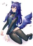 1girl ameno_(a_meno0) animal_ears armor bangs black_sweater blue_hair blue_shirt blush commentary_request dog_ears dog_tail fire_emblem fire_emblem_awakening full_body gold_trim hair_between_eyes long_hair long_sleeves lucina lucina_(fire_emblem) no_shoes open_mouth ribbed_sweater shiny shiny_hair shirt shoulder_armor solo sweater tail tiara turtleneck turtleneck_sweater 
