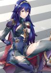  1girl alternate_costume ameno_(a_meno0) armor arrow bangs black_bodysuit blue_hair blue_shirt bodysuit breasts cape commentary_request feet_out_of_frame fingerless_gloves fire_emblem fire_emblem_awakening fire_emblem_heroes gloves gold_trim hair_between_eyes holding holding_arrow injury long_hair long_sleeves looking_at_viewer lucina lucina_(fire_emblem) red_cape scratches shiny shiny_hair shirt shoulder_armor sitting small_breasts solo tiara torn_clothes torn_legwear turtleneck 