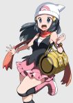  1girl :d bag beanie black_hair black_legwear black_shirt blue_eyes boots bracelet breasts floating_hair full_body grey_background hat hikari_(pokemon) jewelry knee_boots kneehighs long_hair miniskirt open_mouth outstretched_hand pink_footwear pink_skirt poke_ball_print pokemon pokemon_(game) pokemon_dppt poketch print_headwear red_scarf scarf shirt simple_background skirt sleeveless sleeveless_shirt small_breasts smile solo standing standing_on_one_leg watch watch white_headwear yuihiko 