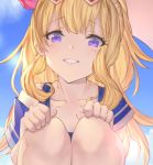  1girl bangs bare_shoulders betabeet blonde_hair blue_sky blush breasts cagliostro_(granblue_fantasy) collarbone eyewear_on_head granblue_fantasy grin heart heart-shaped_eyewear highres knees_up long_hair looking_at_viewer ponytail sailor_collar sky small_breasts smile solo squatting swimsuit violet_eyes white_swimsuit 