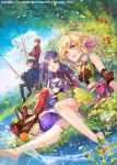  2boys 2girls apple barefoot blonde_hair brown_eyes copyright_name cover dress fish fishing fishing_line fishing_rod flower food fruit hair_ribbon highres holding holding_fishing_rod kanzen_kaihi_healer_no_kiseki kyouka_hatori long_hair lusha_plum medium_hair multiple_boys multiple_girls official_art open_mouth orange orange_eyes orange_hair petals picnic picnic_basket pink_eyes pink_ribbon pointy_ears purple_hair ribbon sakurai_hiroki sandwich takanashi_ruri violet_eyes watanabe_ren water 