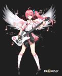  1girl ahoge angel_wings bass_guitar black_choker black_gloves black_jacket blue_eyes bracelet choker closers clothes_around_waist collarbone collared_shirt fingerless_gloves full_body gibson_thunderbird gloves hair_ornament highres holding instrument jacket jacket_around_waist jewelry kneehighs loafers long_hair looking_at_viewer miniskirt musical_note necktie official_art pink_hair pink_skirt plaid plaid_skirt ring seulbi_lee shirt shoes side_ponytail single_glove skirt smile solo thighs unmoving_pattern white_legwear white_shirt wings 