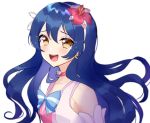  1girl blue_hair blush brown_eyes choker collarbone earrings flower hair_flower hair_ornament hairband happy jewelry long_hair looking_at_viewer love_live! love_live!_school_idol_project open_mouth smile solo sonoda_umi sweetie_cyanide tearing_up upper_body 