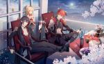  1girl 2boys alcohol blonde_hair bottle choker cup drinking_glass fingerless_gloves food food_fantasy formal gingerbread_(food_fantasy) glass gloves highres holding holding_cup horns long_hair multiple_boys navel_cutout pointy_ears ponytail purple_hair red_eyes red_wine_(food_fantasy) redhead short_hair short_ponytail shoulder_pads sitting skirt smile steak_(food_fantasy) suit sword symbol-shaped_pupils table weapon wine_bottle wine_glass 