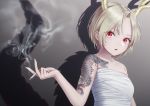  1girl bandages bare_arms bare_shoulders breasts cigarette collarbone commentary dragon_horns dragon_tattoo drop_shadow eyebrows_visible_through_hair gradient gradient_background grey_background holding holding_cigarette horns kicchou_yachie looking_at_viewer parted_lips red_eyes sarashi short_hair shoulder_tattoo silver_hair small_breasts smoke solo strapless tattoo torinari_(dtvisu) touhou tubetop upper_body 