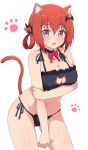  1girl animal_ears bat_hair_ornament black_bra black_choker black_panties bow bowtie bra breasts cat_cutout cat_ear_panties cat_ears cat_lingerie cat_tail choker cleavage_cutout commentary_request eyebrows_visible_through_hair fang gabriel_dropout hair_ornament hair_rings highres kemonomimi_mode kurumizawa_satanichia_mcdowell large_breasts looking_at_viewer meme_attire navel nyaroon open_mouth panties pink_eyes red_neckwear red_ribbon redhead ribbon side-tie_panties simple_background solo tail underwear underwear_only white_background 
