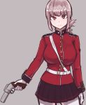  1girl between_breasts braid breasts calendarv cowboy_shot fate/grand_order fate_(series) florence_nightingale_(fate/grand_order) gloves gun handgun highres holding holding_gun holding_weapon large_breasts long_hair looking_at_viewer military military_uniform pantyhose pink_hair pistol red_eyes skirt solo strap_between_breasts uniform weapon white_gloves white_legwear 