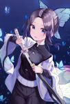  black_hair blush breasts butterfly_hair_ornament dustea eyebrows_visible_through_hair hair_ornament highres holding holding_sheath holding_sword holding_weapon kimetsu_no_yaiba kochou_shinobu looking_at_viewer medium_breasts parted_lips purple_hair sheath short_hair sword unsheathing violet_eyes weapon 