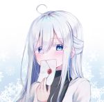  1girl absurdres ahoge blue_eyes dustea eyebrows_visible_through_hair gradient gradient_background highres holding_envelope long_hair long_sleeves looking_at_viewer original simple_background snowflake_background solo upper_body white_hair 