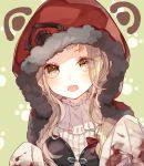  +_+ 1girl animal_ears blonde_hair blood bloody_clothes blush bow eyebrows_visible_through_hair eyes_visible_through_hair fur_trim green_background hair_bow hood hood_up little_red_riding_hood_(sinoalice) long_hair long_sleeves looking_at_viewer mcmcmococo open_mouth red_bow red_hood sidelocks simple_background sinoalice sleeves_past_fingers sleeves_past_wrists solo upper_body wavy_hair yellow_eyes 