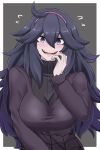  1girl absurdres ahoge al_bhed_eyes black_hair blush border commentary_request dress embarrassed fangs flying_sweatdrops hair_between_eyes hairband hand_to_own_mouth hand_up hex_maniac_(pokemon) highres long_hair long_sleeves looking_at_viewer messy_hair multicolored_hair npc_trainer open_mouth pokemon pokemon_(game) pokemon_xy purple_hair purple_hairband ribbed_sweater smile solo sweater teeth tekudai turtleneck turtleneck_sweater two-tone_hair upper_body violet_eyes 