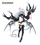  1girl black_footwear black_shorts boots breasts claws closers demon_tail demon_wings eyepatch full_body grin high_collar highres horn long_hair long_sleeves looking_at_viewer micro_shorts navel official_art red_eyes revealing_clothes seth_(closers) shorts shrug_(clothing) slit_pupils small_breasts smile solo stomach strap tail thigh-highs thigh_boots thigh_strap white_hair wings 